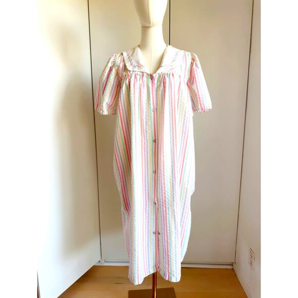 Vintage Womens Housedress Pastel Striped Size Large Collared Poolside Loungwear - Picture 2 of 8